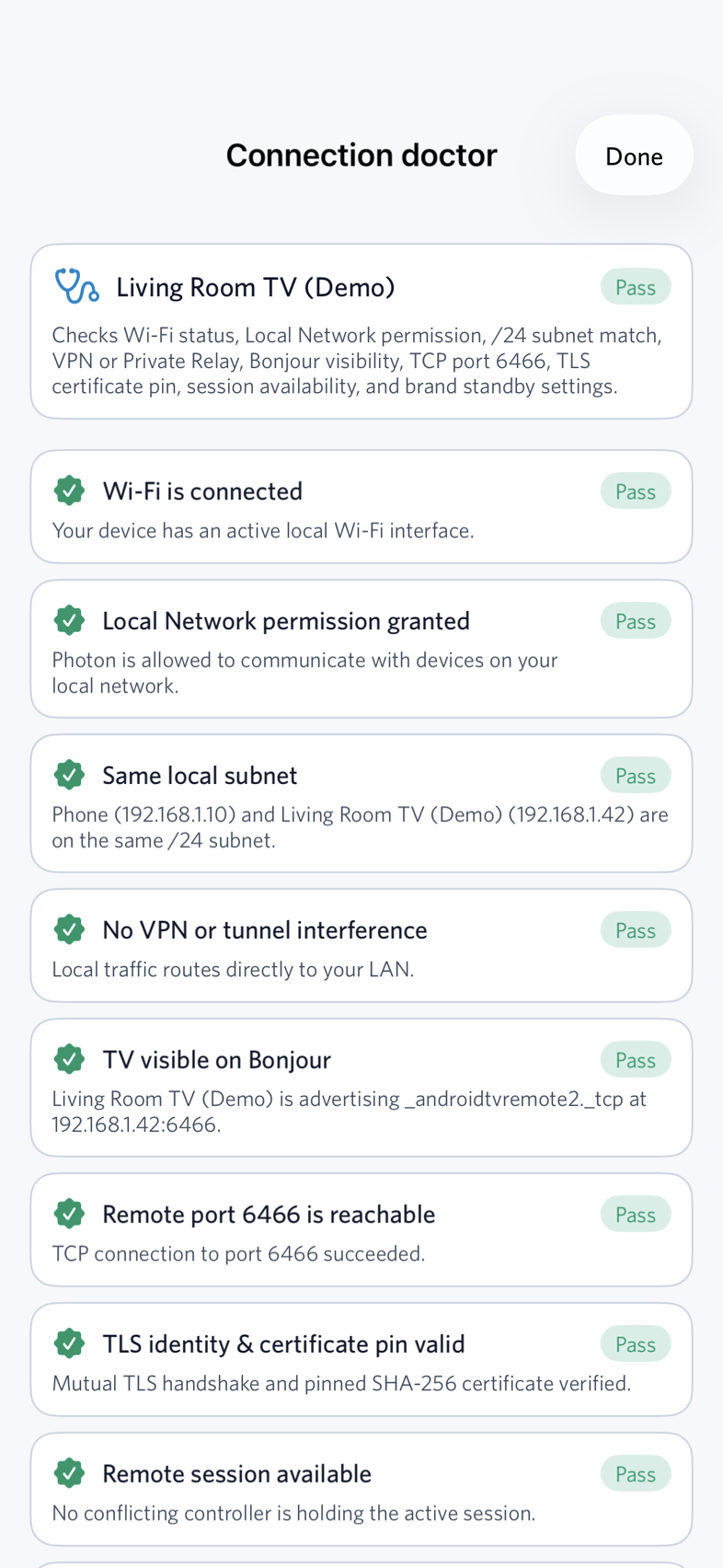Photon Connection Doctor screen showing ordered LAN, Bonjour, TCP 6466, and TLS certificate pin checks